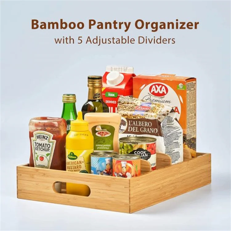 Bamboo Cabinet Drawer Box with Adjustable Dividers Wooden Food Storage Containers Lids Organizer