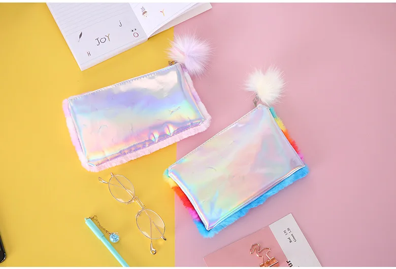 Милый большой плюшевый пенал с меховым помпоном, пенал для девочек, плюшевый пенал, кавайная сумка для макияжа, школьные принадлежности, канцелярские принадлежности