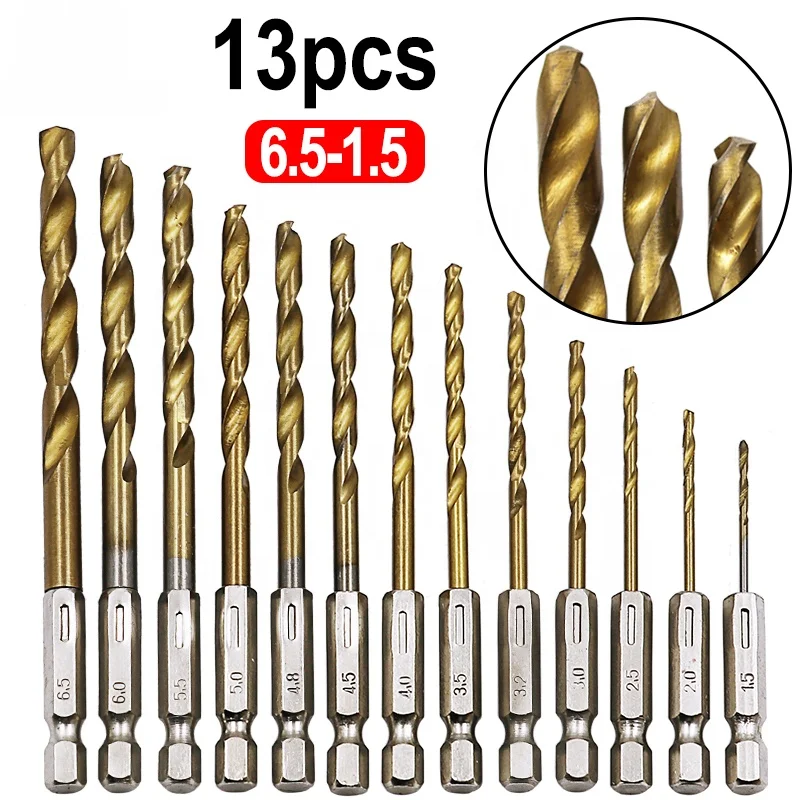 13pcs/lot HSS High Speed Steel Titanium Coated 1/4 Hex Shank 1.5-6.5mm Drill Bit Set Drill Machine Set