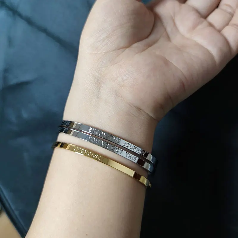 Custom Logo Stacking Full Circle Round Inspirational Engraved Women Stainless Steel Bangle Bracelet