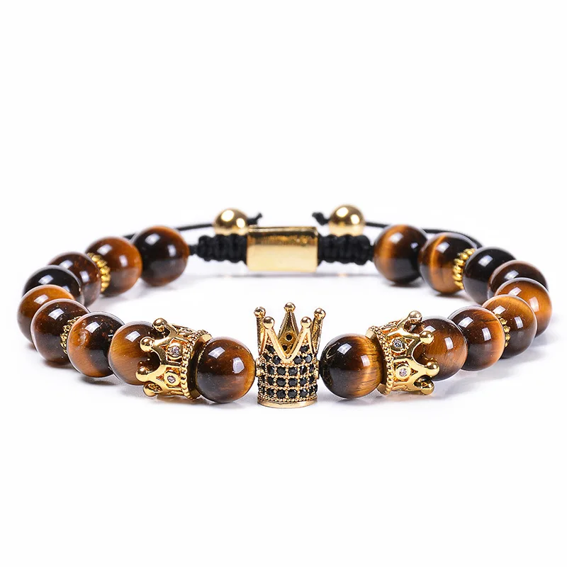 2Pcs/Set Elastic Natural 8mm Tiger Eye Stone CZ Crown Charm Bracelet Adjustable Tiger Eye Stone Black Zircon Crown Bracelet