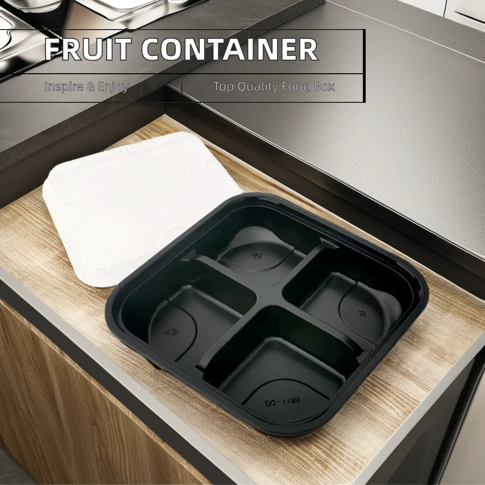 PET 4 Compartments Recyclable Food Container Clear Plastic Fruit Tray with Lid for Salad Packaging