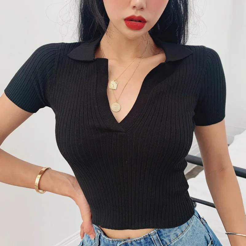 collared cropped tee skinny ribbed v neck button women crop top shirt blouse with collar For girls