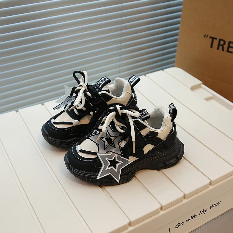 Unisex High Top Daddy Shoes Bright Stars Decorated Casual Style for Children Breathable Cotton Insole for Walking and Running