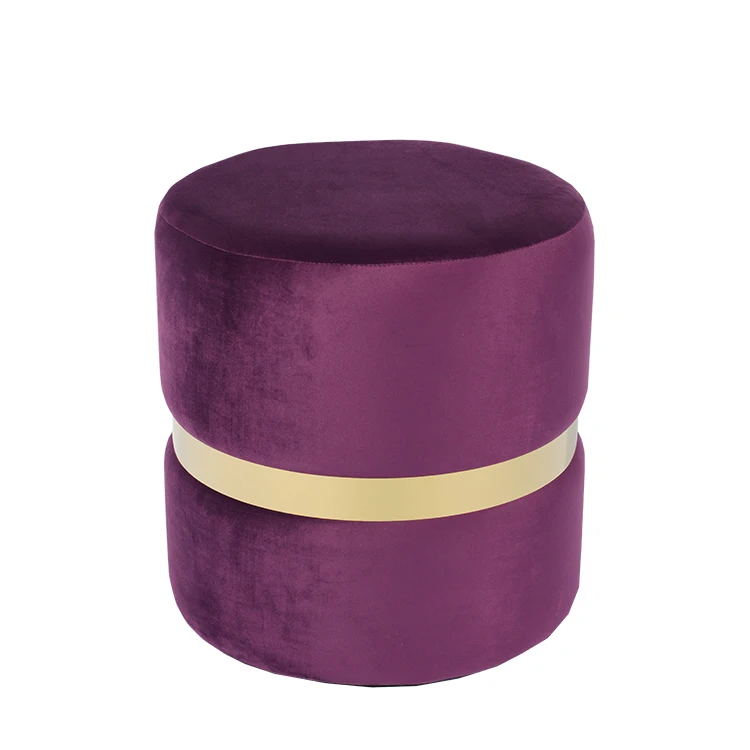 Фабрика Fuzhou Fytch, современный маленький круглый бархатный пуф с золотой лентой и серой бархатной тканью