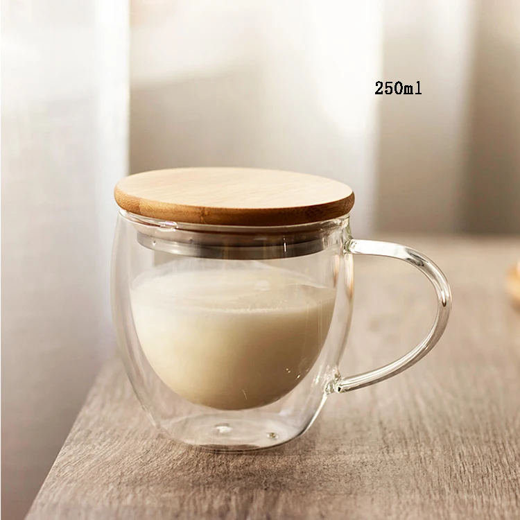 Top Selling 250ml 8.4oz Double Wall Glass Cup with Bamboo Lid Custom Glass Cup for Coffee or Tea