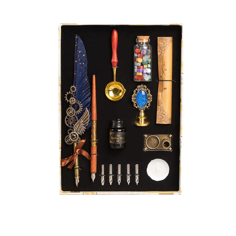 Feather Calligraphy Pen Ink Set with Feather Pen and Wooden Dip Pen for Gift