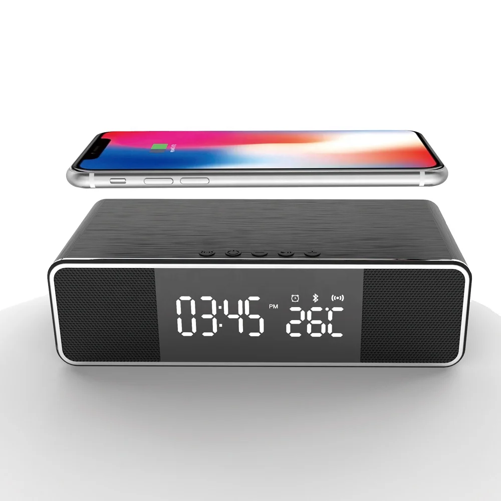 Customizable Qi Wireless Charger Speaker Alarm Clock With Microphone And FM Radio With Date Thermometer Display Function