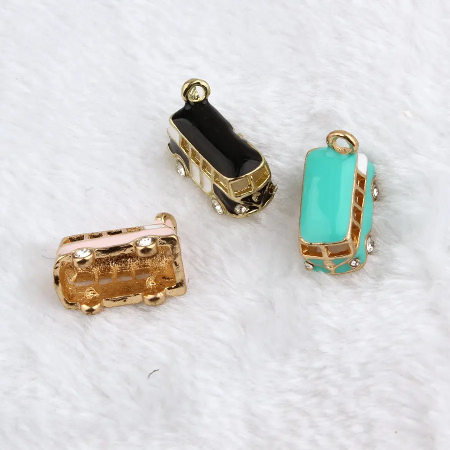 Lovely Bus Pendant Jewelry Accessories Rhinestone BRT Car Enamel Charms Gold Tone Oil Drop DIY Bracelet Floating
