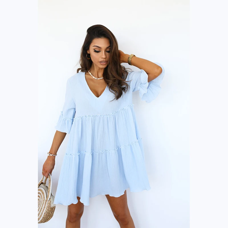 
Prered Women V Neck Ruffle Half Sleeve Solid Ruffle Comfortable And Breathable sun dresses women casual Dress 