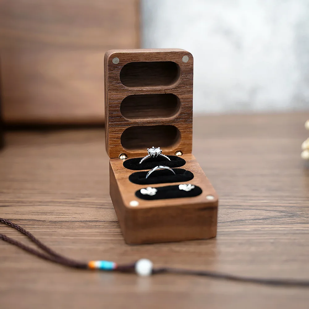 Engraved Walnut Wooden Ring Holder for 3 Rings Engagement Proposal Wedding Ceremony Ring Bearer Box