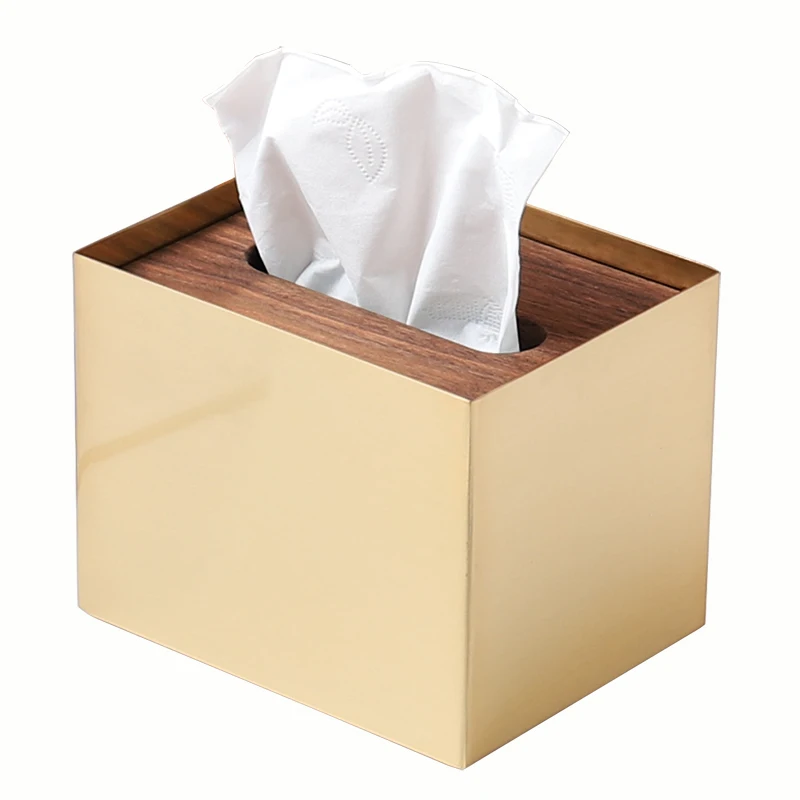Modern style tissue box cover ornaments metal wire drawing electroplating with natural black walnut cover tissue box