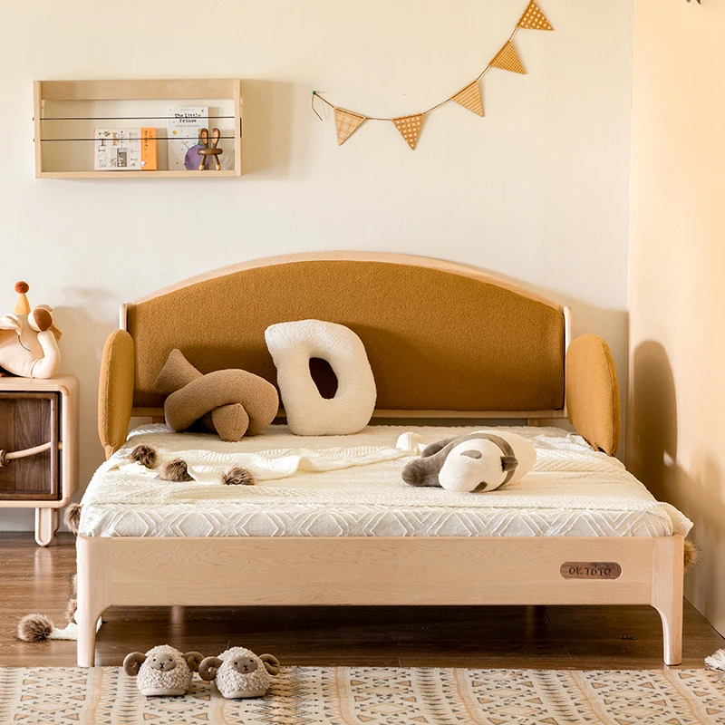 OKTOTA modern Nordic style kids bed with Guardrail solid wood folding single bed for baby