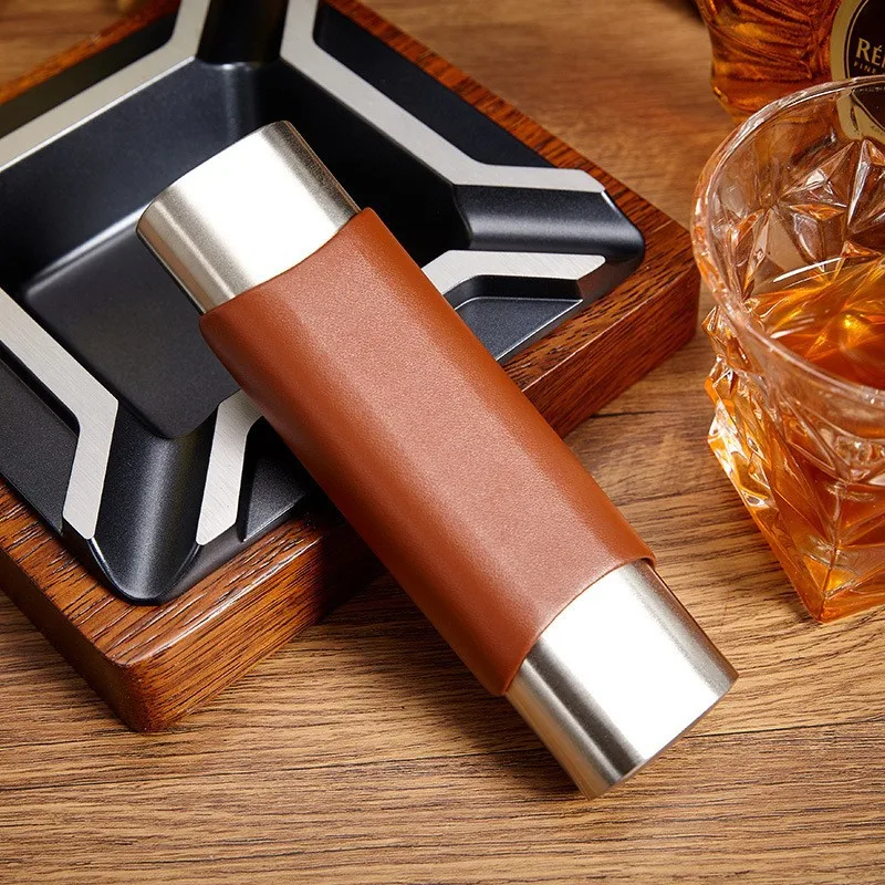 Portable Travel Genuine Leather Cigar Case With Stainless Steel Cigar Humidor Holds 2 Pcs Cigar Tube