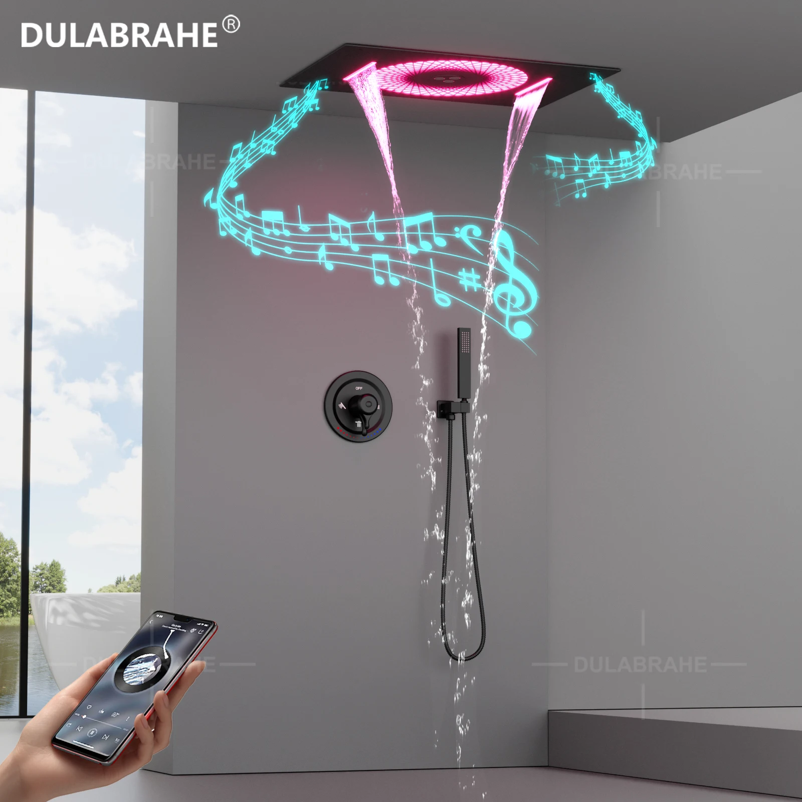 DULABRAHE 2024 новый роскошный 3 функции матовый черный смеситель для душа светодиодный холодный и горячий душ набор с музыкой