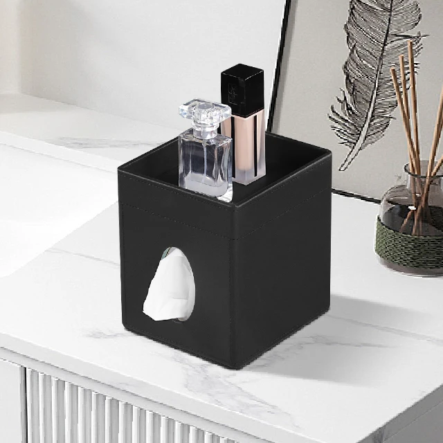 Leather Square Tissue Box Cover Decorative Cube Tissue Box Holder with Tray Stylish Facial Tissue Holder