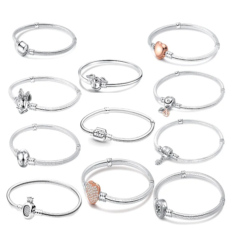 2023 New 925 Sterling Silver Design charm Bracelets Clasp Heart Beads Snake Chain Bracelets Adjustable Friendship Bangles