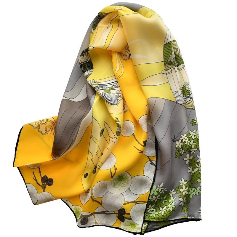 Темно-синий атласный шарф-хиджаб из 100% шелка, oem женские шарфы для волос с принтом в виде лампы, атласная шаль из 100% натурального шелка, большой квадрат 90 см для дам