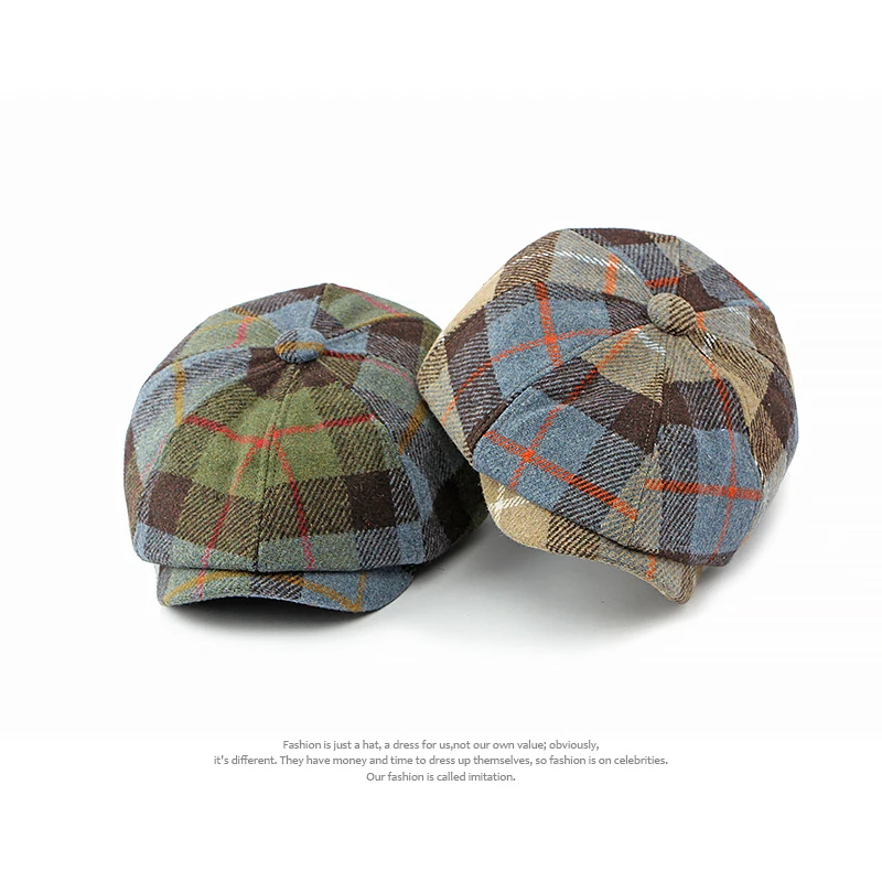 Hot Sale Men Women Kids Winter Warm Octagonal Cap Outside Windproof Woolen Flat Vintage Plaid  Driving Thick  Beret Painting Hat