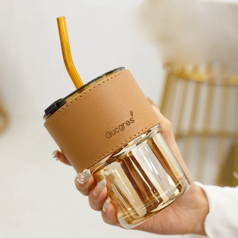 Customized Logo Popular Glass Coffee Cups Portable Leather Sleeve Glass Tea Mug With Lid And Straw