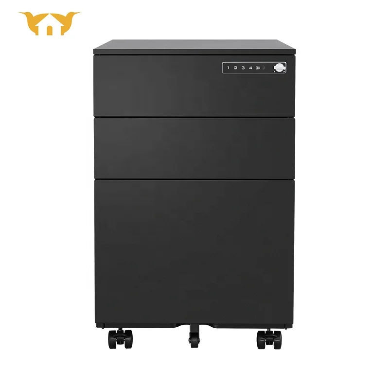 Office Movable Rolling File Cabinets Combination Lock Lockable Mobile Storage Cabinet 3 Drawer Metal Mobile Pedestal