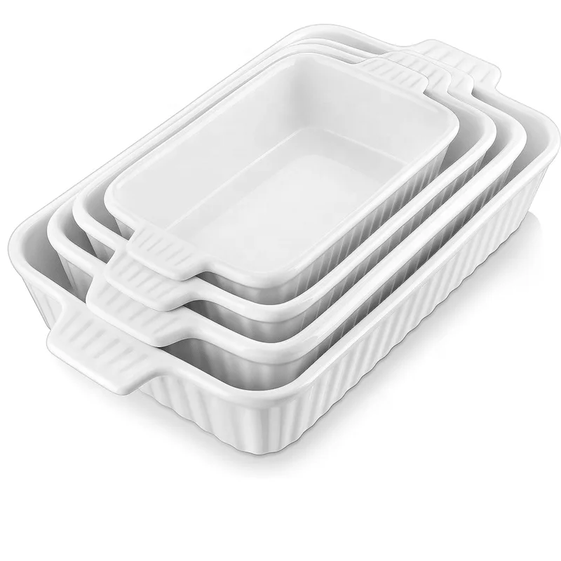 Wholesale Ceramic Baking Tray Baking Plate,Customized Rectangle Shape Ceramic Bakeware set of 4,Ceramic Deep Trays with Handle