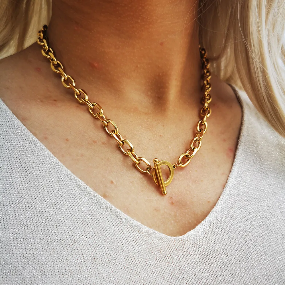 Hip Hop Exaggerated Chunky Link Chain 18k Gold Plated Chokers Necklace Waterproof Stainless Steel OT Buckle Necklace For Women