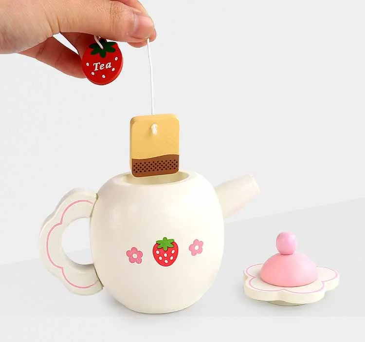 Чайный набор с розовой клубникой игровой домик обучающая игрушка деревянные кухонные игрушки для послеобеденного чая девочек ролевая игра