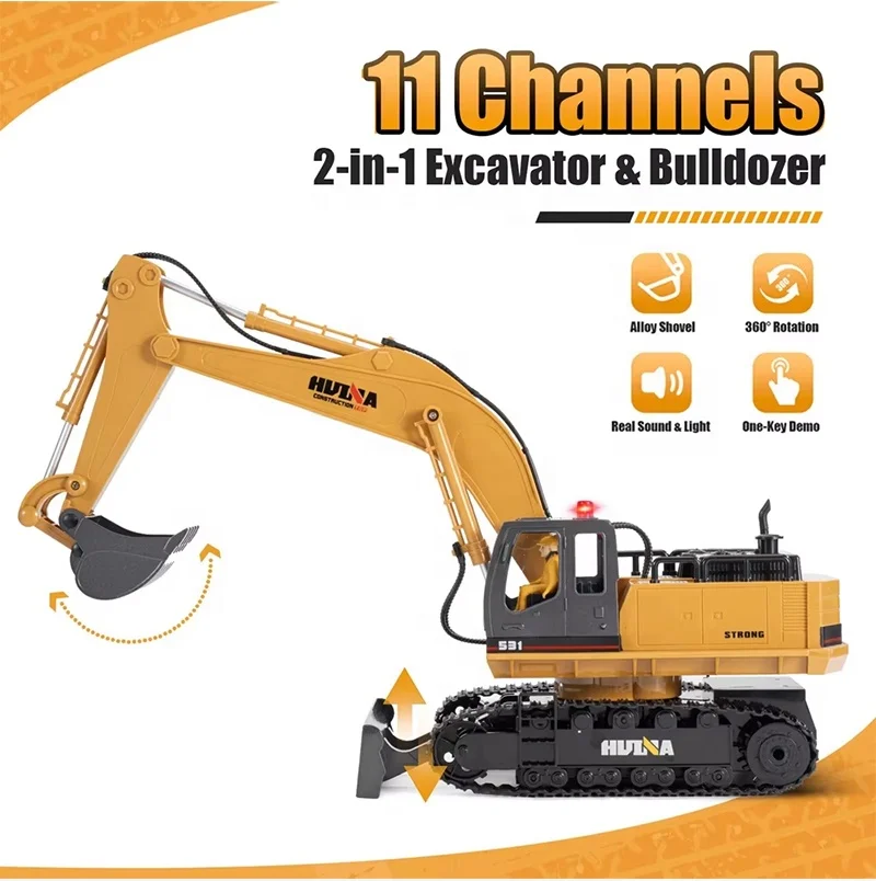 Huina 1531 1:16 Scale 11CH 2.4G Radio Control Excavator RC Backhoe Loader with Real Sound Light and Multi-Function Bulldozer Toy