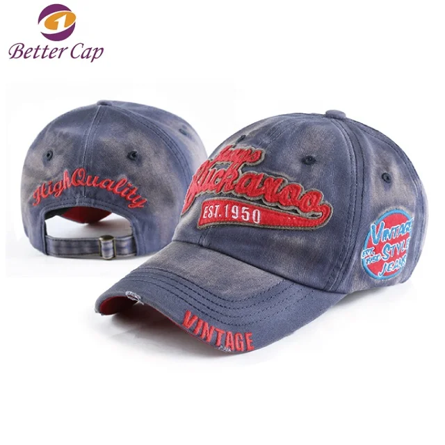 BSCI Factory High Quality Custom Embroidery Logo Vintage Washed Denim Baseball Cap Plain Jeans Distressed Dad Hat