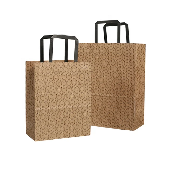 Custom Made Flat Paper Handles Brown Takeaway Fast Food Kraft Paper Bag For Restaurant Packaging