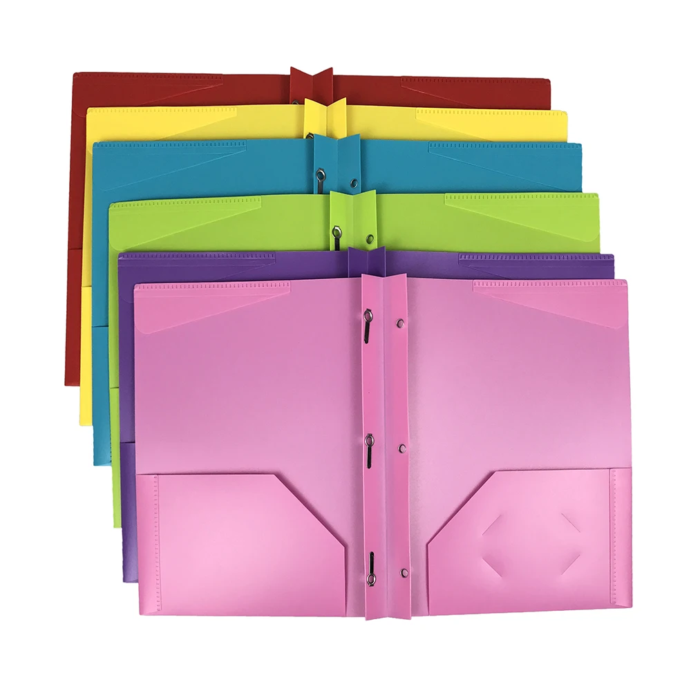 Heavy Duty Plastic 2 Pocket Extra Tough School Folders Three-Hole Punch Prong Fasteners Letter Size Assorted Color  File Folder