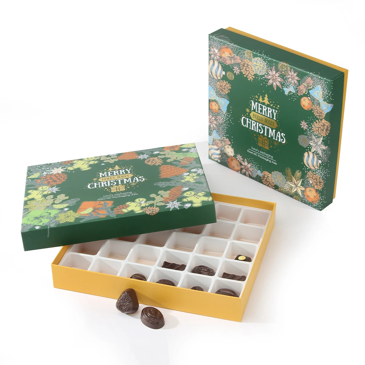 Customized Chocolate Donuts Cookie rectangle green food gift boxes for Gold paper lined packaging