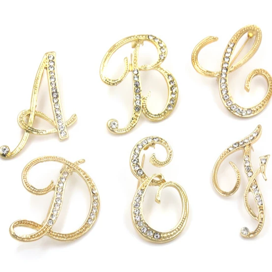 A-Z Cursive Initial Letter Rhinestone Hanging Metal Pin Organizer Fashion Jewelry Pins Brooches Luxury for Men and Women