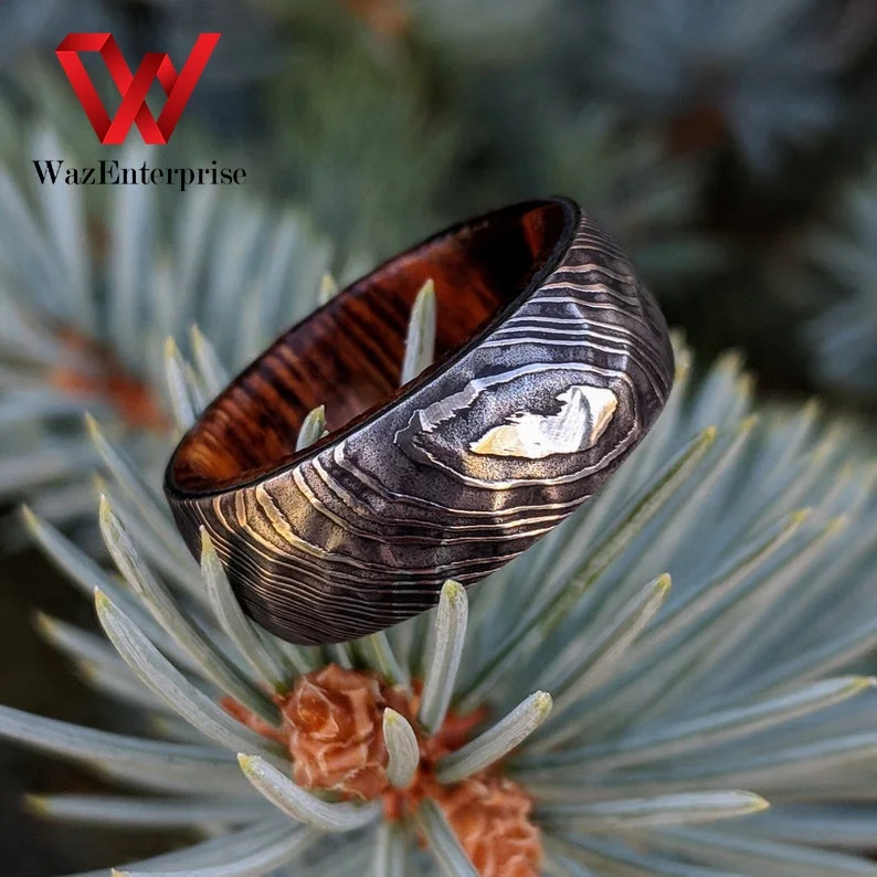 
Rings Custom Made Damascus Steel Ring Carbon Steel Ring Wood Inlay 