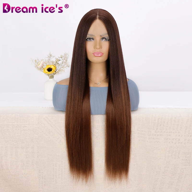 Wholesale long dark brown straight lace front synthetic wigs middle part glueless T part lace for women heat resistant hair wigs