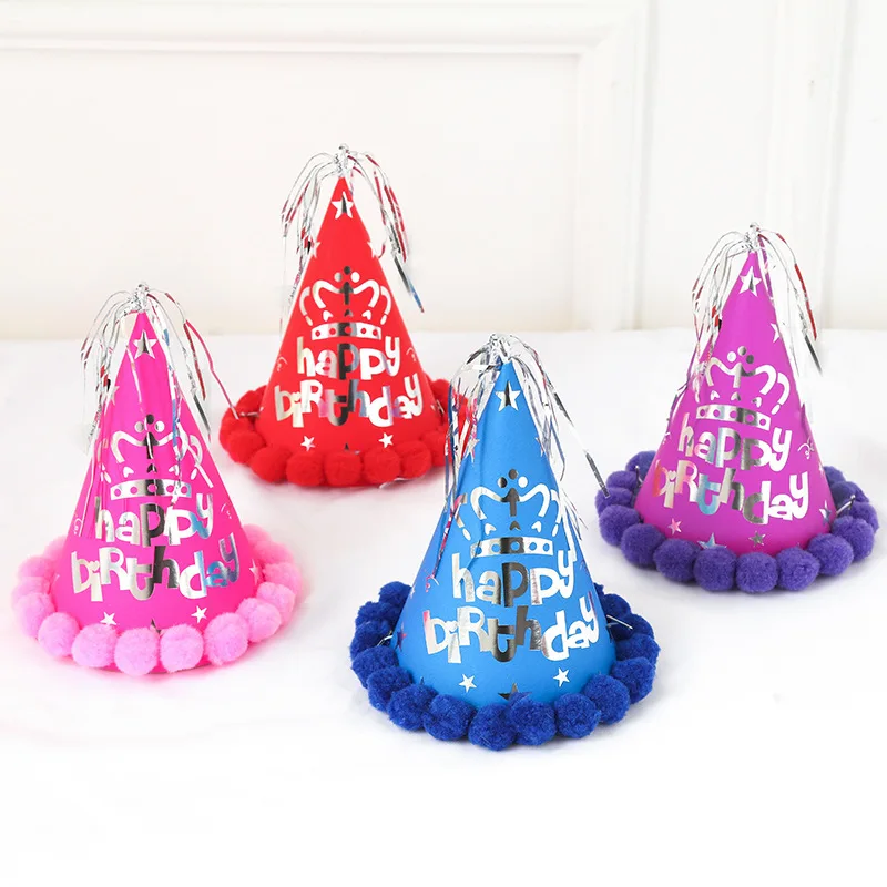 20*16 cm Kids Birthday Party Happy Birthday Silver Stars Crown Printing Glitter Foil Tassel Fringe Cone Hat With Plush Balls