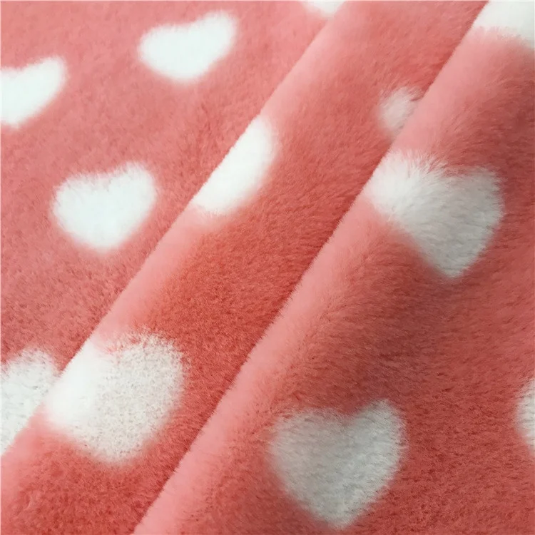 100% Polyester Knitted 8mm Low Pile Heart Print Rabbit Faux Fur Minky Plush Fabric