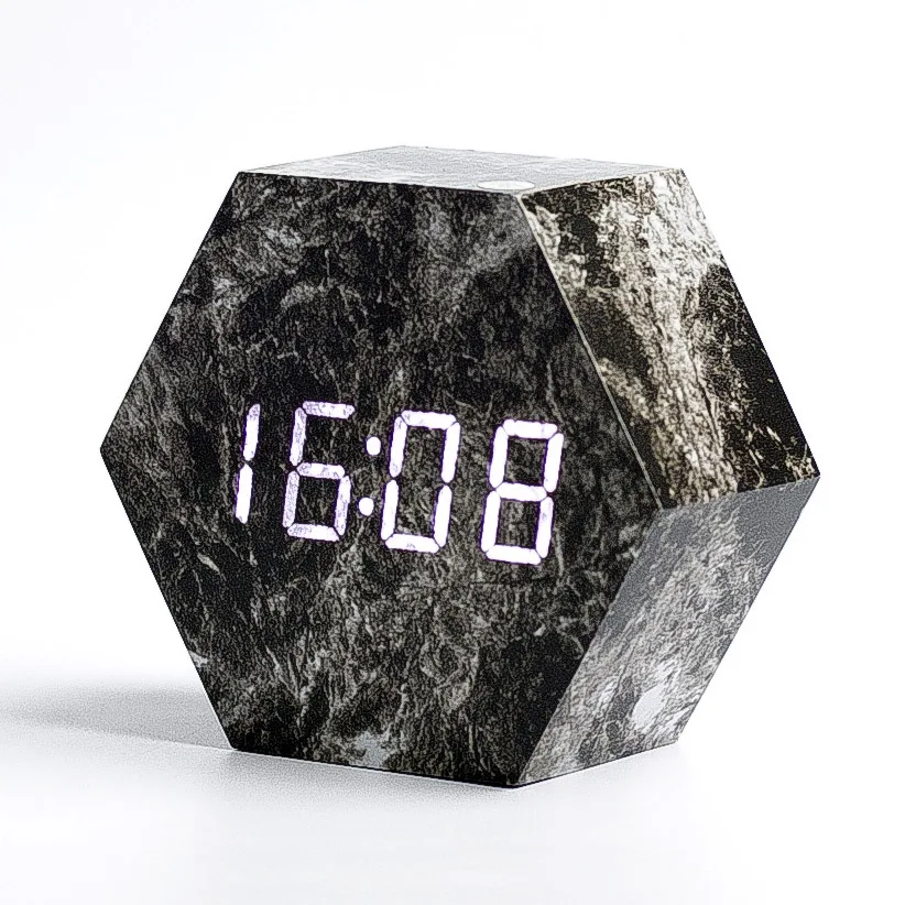 Marble Pattern table led number clock Digital Wooden LED Temperature Alarm Clock Wood Retro Glow Desktop Clock