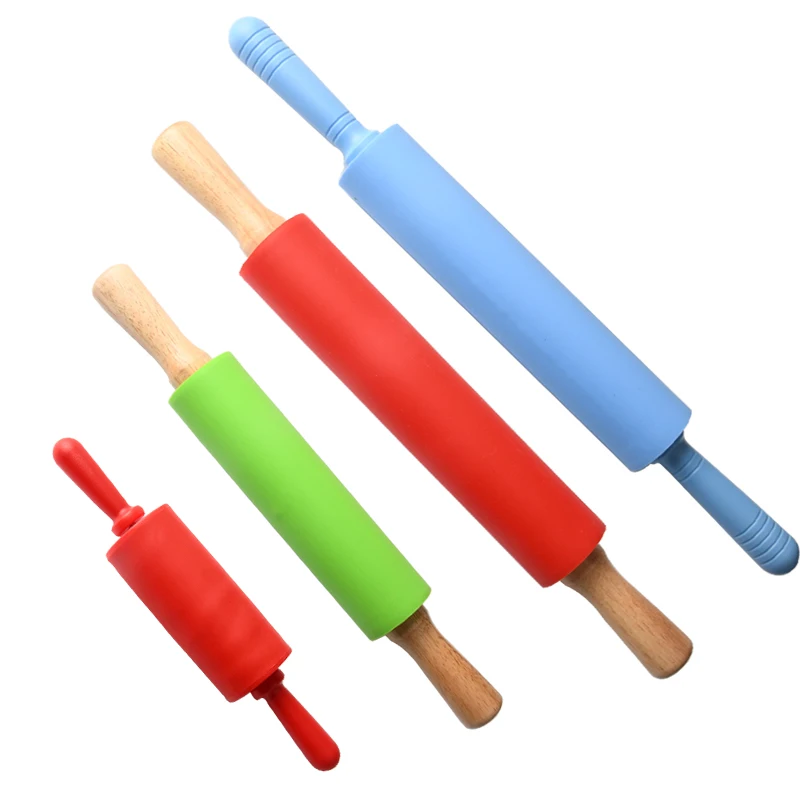 Заводская оптовая продажа антипригарная силиконовая Скалка инструмент для выпечки теста деревянная ручка