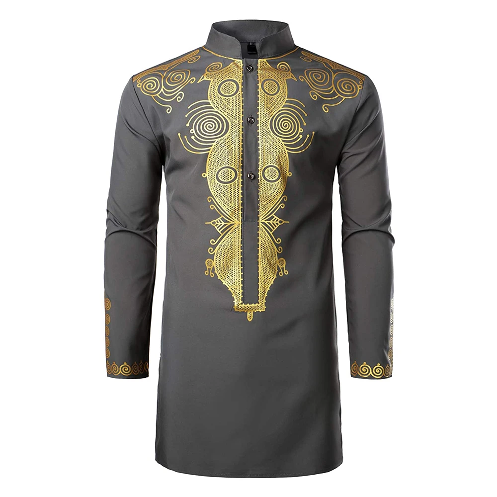 Мужская африканская традиционная Дашики Роскошная золотая рубашка с принтом средней длины для свадьбы Дашики для мужчин