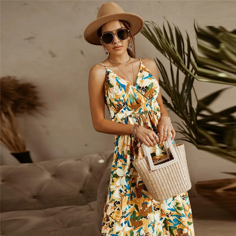 2022 New Style Ready To Ship Deep V-Neck Back Open Strap Casual Dress Summer Bohemian Style White Long Dresses Women