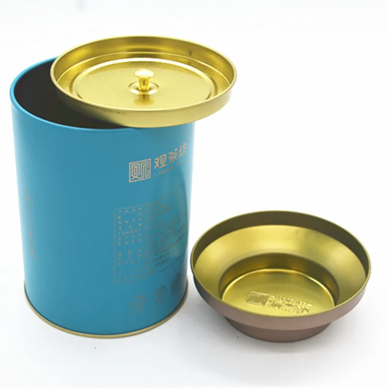 chinese tea canister round luxury gold vintage metal tea tin with double lid loose tea caddy tin