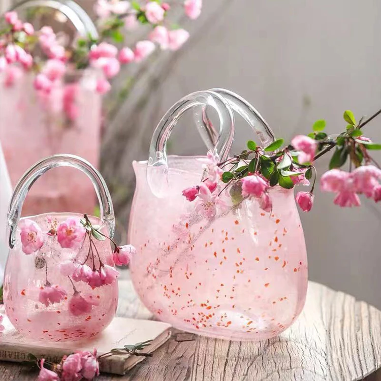 Big Size Pink bucket ornaments creative cultivated glass handbag bag Glass & Crystal Vases Pink Purse Vase