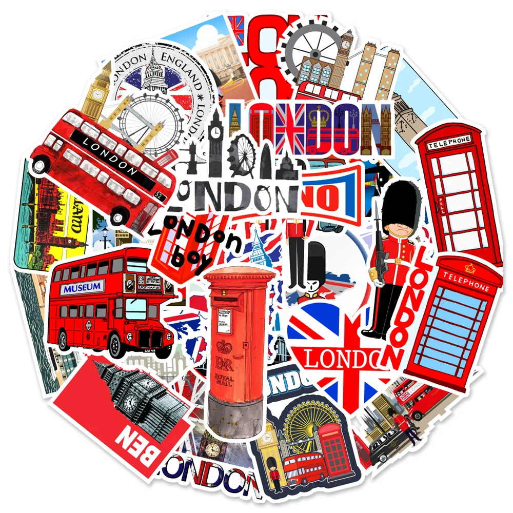50 Pieces British Tourist Scenery Souvenir Sticker Notebook Luggage Scooter Water Cup Graffiti London Bus Decorative Stickers