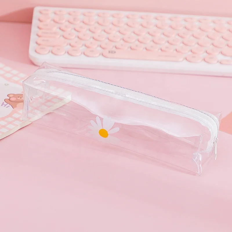 Clear daisy printing pencil case eco-friendly zipper custom print transparent pvc pencil case