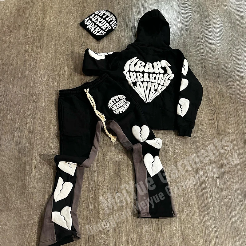 Custom Hoodies Pullover Copped Sweatsuit Acid Wash Hoodie 3d Puff Print Jogging Tracksuits Set Flared Sweatpants And Hoodie Sets