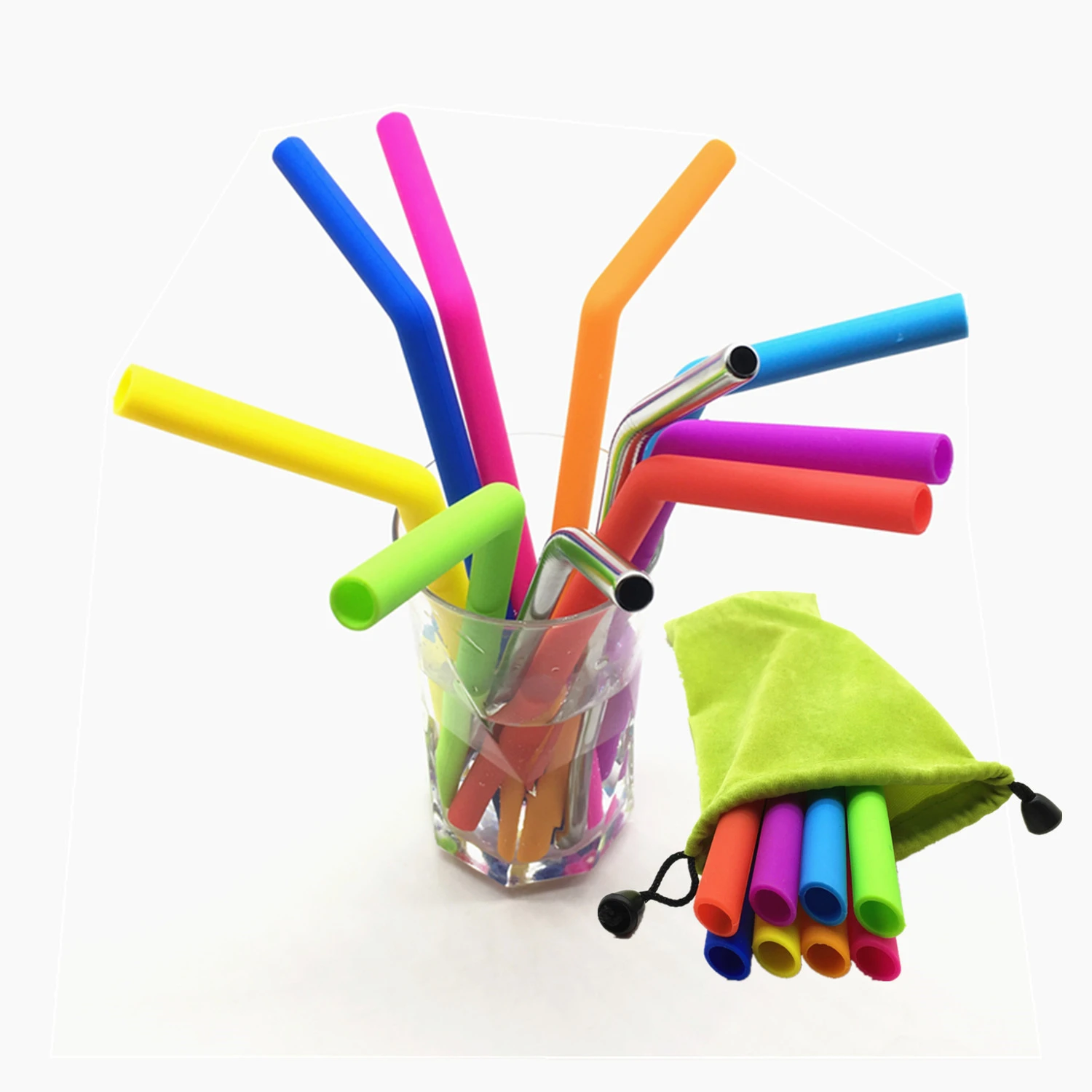 
BPA Free Dishwasher Safe 10 inch Drinking Straw Reusable Silicone Straws with Cleaning Brush 