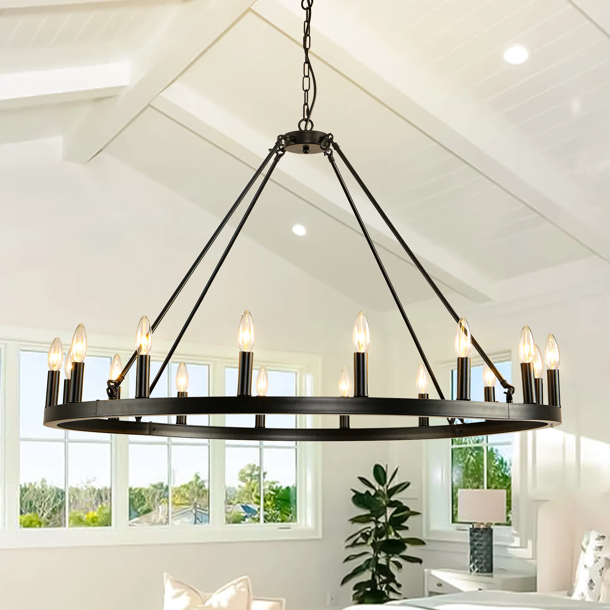 ATUNUS Nordic Retro Village Style Industrial Black Wood Wagon Wheel Large Candle Chandelier Pendant Pendant