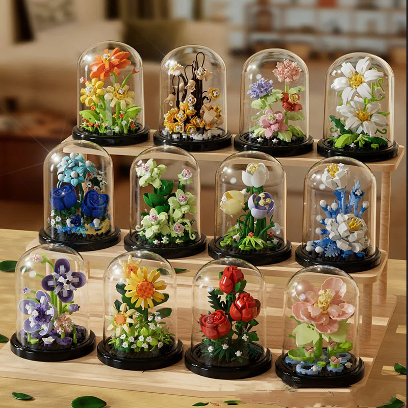 Intelligent eternal flower decor diy assemble plant flower bricks toy gift rose music box building block set